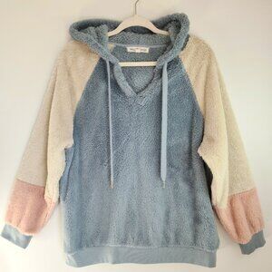 Wallflower Fuzzy Plush Blue Ivory Pink Colorblock Style Hooded Sweatshirt XL